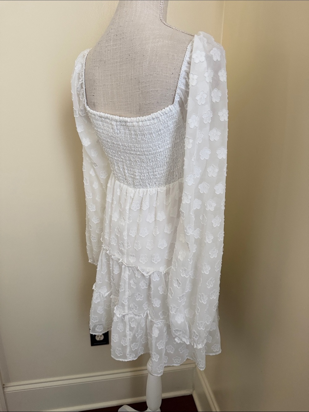 Midnight Doll Smocked Square Neck White Lace Mini Dress - Picture 12 of 15